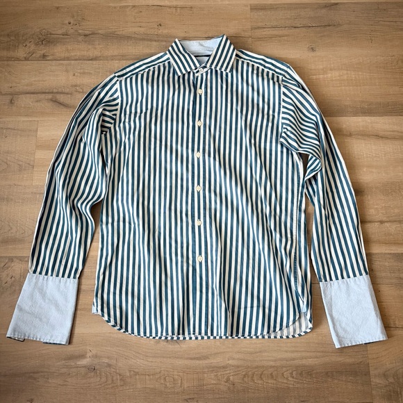 Ted Baker Archive teal green / blue & white striped French cuff dress shirt - 16 - Picture 5 of 7